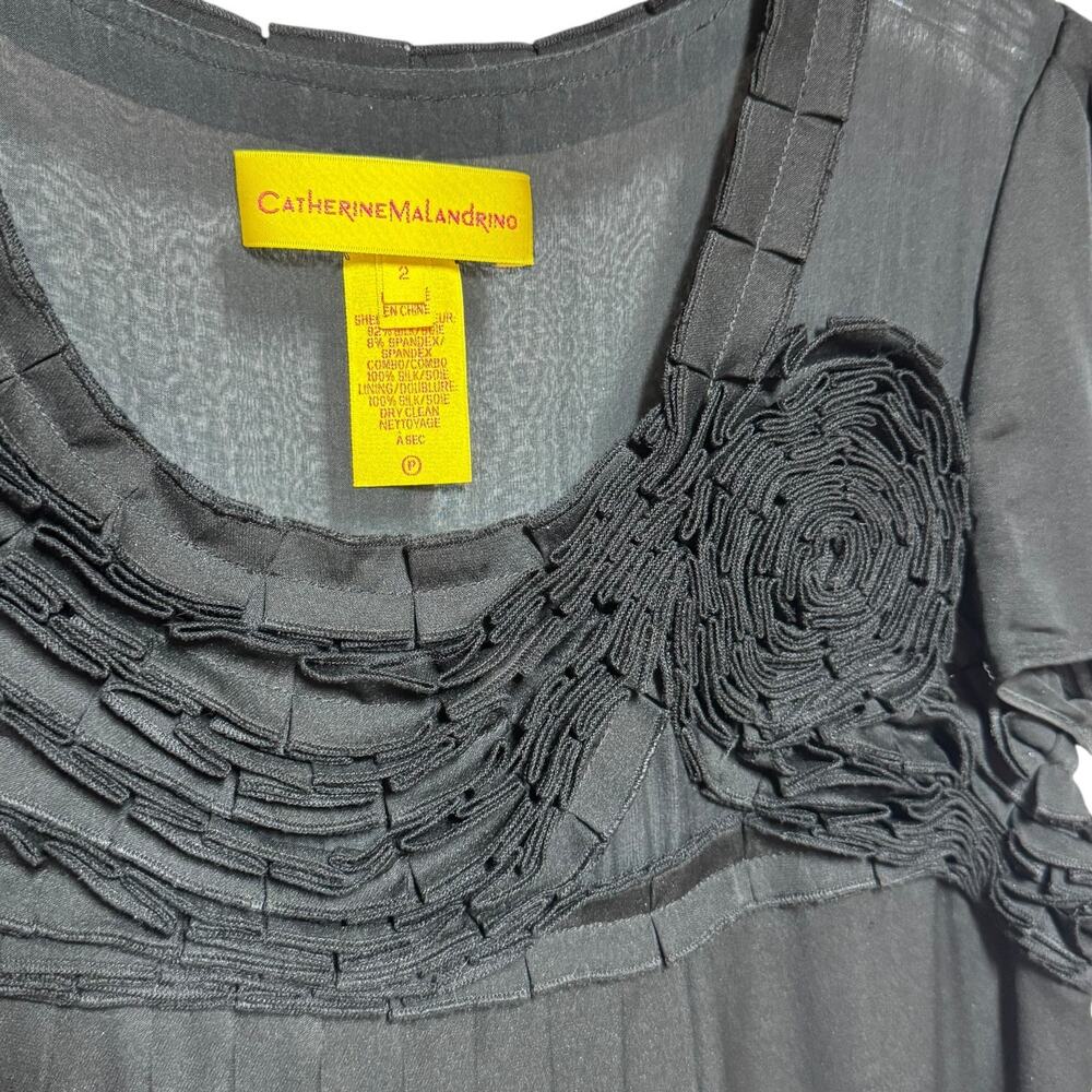 Catherine Malandrino Silk Short Sleeve Pleated A-Line Mini Dress Black 2 - Picture 2 of 3